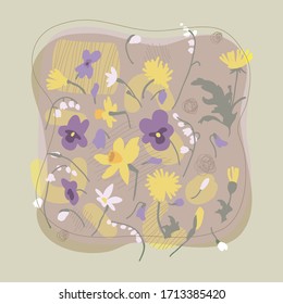 
Set of vector spring flowers. Forest violets, daffodils, lilies of the valley and yellow dandelions. Bright, abstract floral pattern. Purple and
white garden flowers.