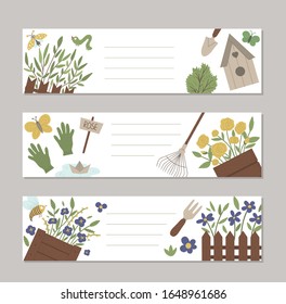 Set of vector spring garden horizontal layout card templates with cute cartoon gardening elements and characters. Funny flat illustration