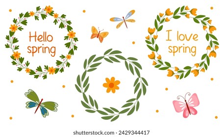 Set of vector spring illustration. Wreath with yellow flowers and green fresh branches, butterflies. Hello spring greeting card for easter and mother's day, design for textile, social media, banner