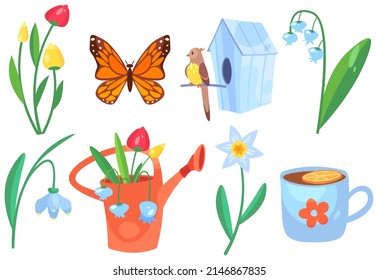 Set of vector spring illustrations for stickers and cards isolated on white background