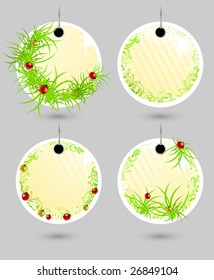 Set of vector spring labels with grass and ladybugs