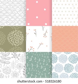 Set of vector spring patterns with flowers, doodle pattern, branches, leaves. White, green, pink, blue colors. Seamless pattern is in the swatches palette.