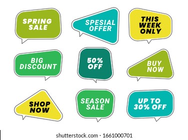 Set of vector spring sale bubble shaped banners, colorful posters for online shopping, price tags balloons, abstract posters, comic badges