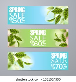 Set of vector spring sale horizontal banners. Realistic branches green leafs, bokeh. Blank template, vector mockup for site banners, ads, booklet, poster, flyer. Discounts up to 50%, 60% 70%.