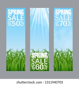 Set of vector spring sale vertical banners. Realistic green grass. Blank template, vector mockup for site banners, ads, booklet, poster, flyer. Discounts up to 50%, 60% 70%.