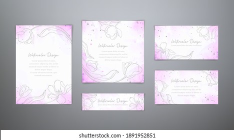 Establezca las plantillas de acuarela de primavera vectorial en colores rosa y gris. Marcos florales con tubos. Antecedentes abstractos románticos para carteles, volante, invitación, tarjeta de saludo
