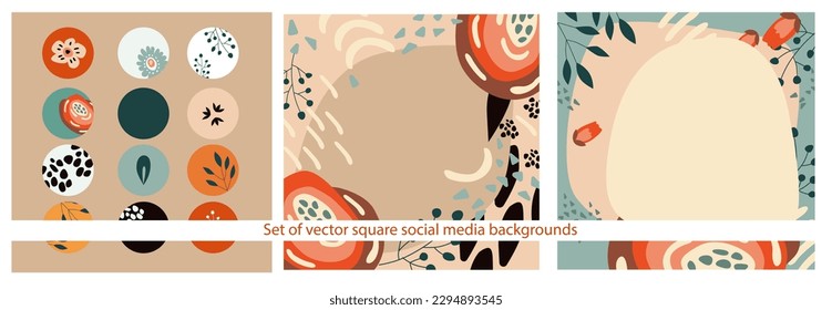 Set of vector square backgrounds with space for text and stylized spring flowers