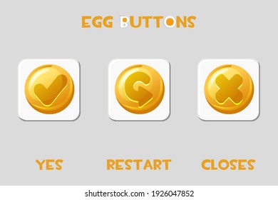 Set of vector square buttons eggs restart, closes, yes on grey background