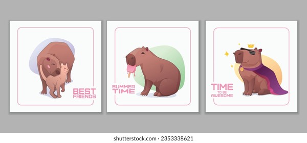 Set of vector square cards with capybaras in cartoon style.