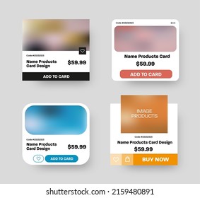Set von Vektorkarten-Benutzeroberfläche des Produkts, mit Foto, Preis, für Online-Läden, mobile Anwendungen. Entwerfen Sie Vorlagen für den Verbraucher. Schwarz, Rot, Blau, Gelb, zum Warenkorb hinzufügen