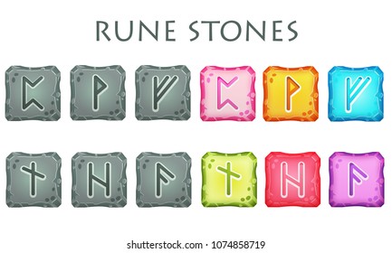 Set of vector square colorful and grey stones with rune symbols. Perfect as game icons, elements.