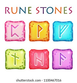 Set of vector square colorful stones with rune symbols. Perfect as game icons, elements. Isolated on white background
