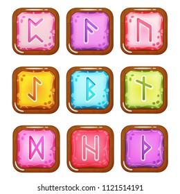 Set of vector square colorful stones with rune symbols in wooden frame. Perfect as game icons, elements. Isolated on white background