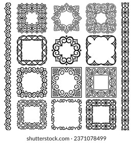 Set of vector square frames, brushes, modern linear oriental ornaments. Elegant decorative pattern for wedding design, greeting card, invitation, certificate, web banner, logo, brochure, flyer, poster