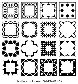 Set of vector square frames, brushes, wide and narrow geometric ornaments. Modern decorative pattern for wedding design, greeting card, invitation, certificate, web banner, logo, brochure, flyer, menu