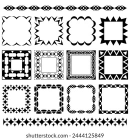 Set of vector square frames, brushes, wide and narrow geometric ornaments. Modern decorative pattern for wedding design, greeting card, invitation, certificate, web banner, logo, brochure, flyer, menu