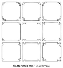 Set of vector square frames with floral ornament. Elegant vintage borders with flourishes, swirls. Design and decoration of covers, websites, brochures, flyers, greeting, wedding cards, invitations