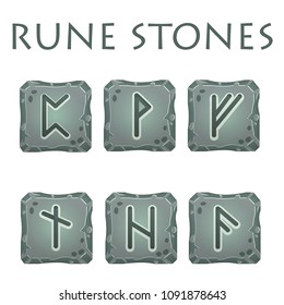 Set of vector square grey stones with rune symbols. Perfect as game icons, elements.