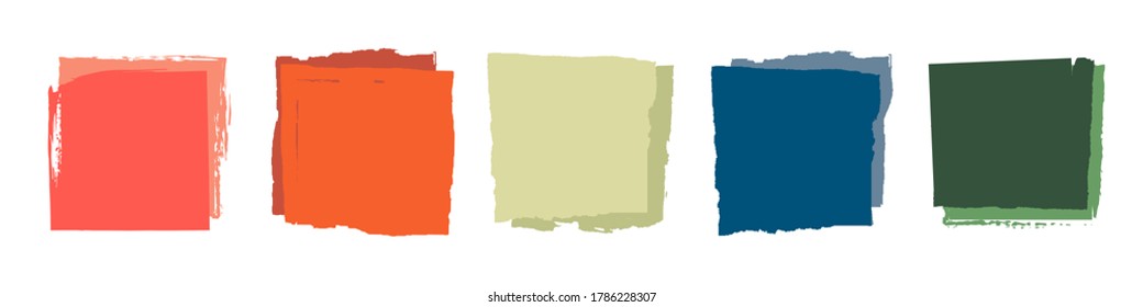 Set of vector square grunge colored stickers isolated on white background. A group of labels with uneven rough edges drawn with an ink brush. 5 square frames. Grunge backgrounds