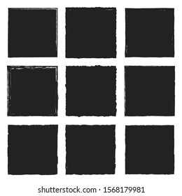 Set of vector square grunge plain black stickers isolated on white background. A group of empty labels with uneven rough edges drawn with an ink brush. 