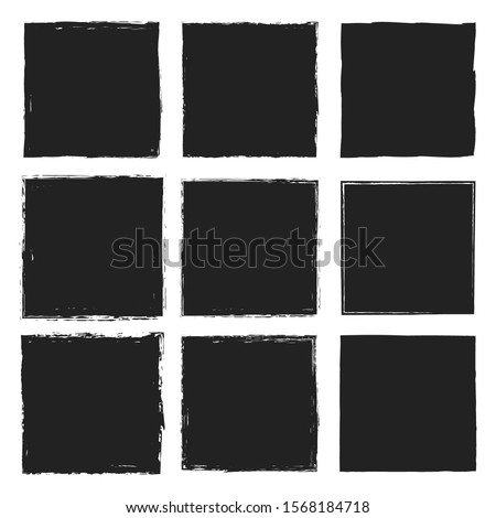 Set of vector square grunge plain black stickers isolated on white background. Collection of blank labels with uneven rough edges drawn with an ink brush. 