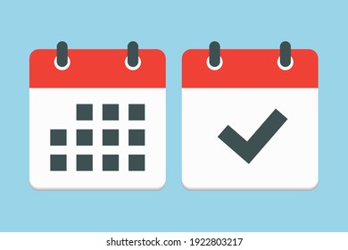 Establecer el calendario de la página de iconos cuadrados vectoriales - marcar la aplicación de la agenda, fecha límite, icono de la página de fecha y marca realizada, sí, éxito, comprobar, aprobado, confirmar. Recordatorio, programe el signo simple de la línea. Concepto de organizador