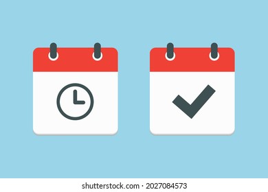 Set vector square icons page calendar - mark agenda app, time, watch, deadline, date page icon and mark done, yes, success, check, approved, confirm. Reminder, schedule line simple sign