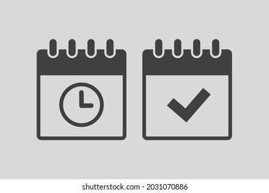 Establecer el calendario de la página de iconos cuadrados vectoriales - marcar la aplicación de la agenda, hora, reloj, fecha límite, icono de la página de fecha y marca realizada, sí, éxito, comprobar, aprobado, confirmar. Recordatorio, planificar el signo simple de la línea