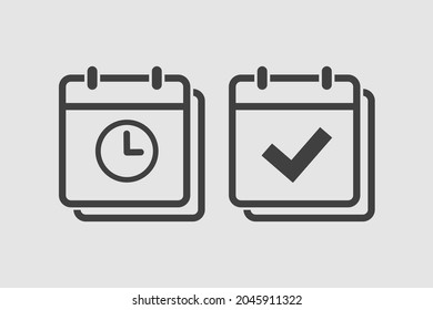 Set vector square icons page calendar - mark agenda app, time, watch, deadline, date page icon and mark done, yes, success, check, approved, confirm. Reminder, schedule line simple sign