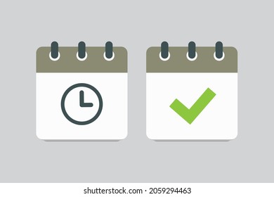 Set vector square icons page calendar - mark agenda app, time, watch, deadline, date page icon and mark done, yes, success, check, approved, confirm. Reminder, schedule line simple sign