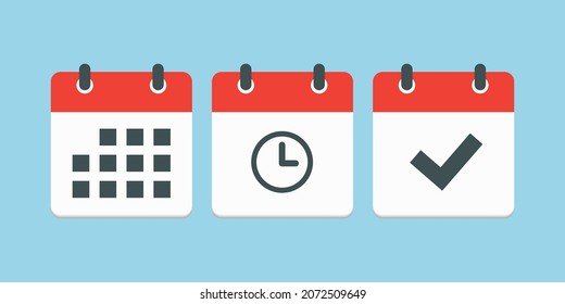 Set vector square icons page calendar - mark agenda app, time, watch, deadline, date page icon and mark done, yes, success, check, approved, confirm. Reminder, schedule line simple sign