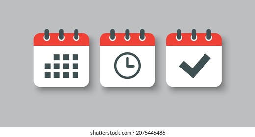 Set vector square icons page calendar - mark agenda app, time, watch, deadline, date page icon and mark done, yes, success, check, approved, confirm. Reminder, schedule line simple sign