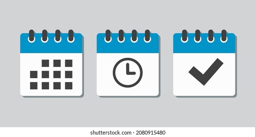 Set vector square icons page calendar - mark agenda app, time, watch, deadline, date page icon and mark done, yes, success, check, approved, confirm. Reminder, schedule line simple sign