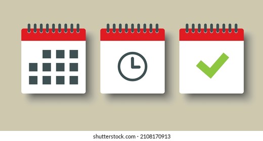 Set vector square icons page calendar - mark agenda app, time, watch, deadline, date page icon and mark done, yes, success, check, approved, confirm. Reminder, schedule line simple sign