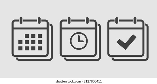 Set vector square icons page calendar - mark agenda app, time, watch, deadline, date page icon and mark done, yes, success, check, approved, confirm. Reminder, schedule line simple sign