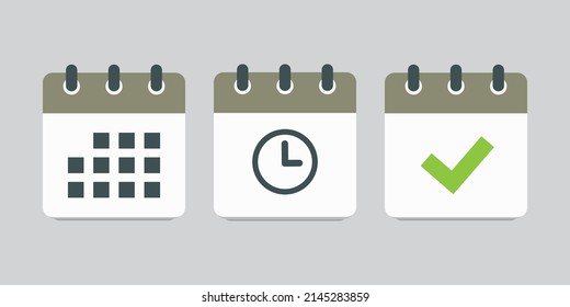 Set vector square icons page calendar - mark agenda app, time, watch, deadline, date page icon and mark done, yes, success, check, approved, confirm. Reminder, schedule line simple sign