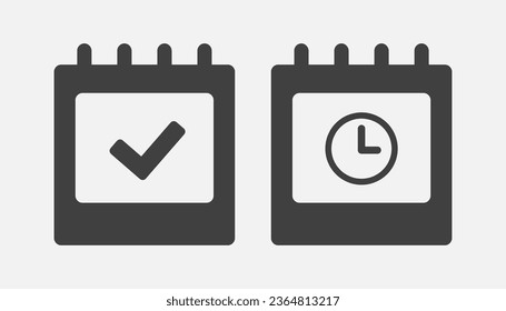 Set vector square icons page calendar - mark agenda app, time, watch, deadline, date page icon and mark done, yes, success, check, approved, confirm. Reminder, schedule line simple sign