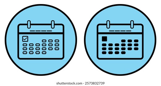 Set vector square icons page calendar - mark agenda app, time, watch, deadline, date page icon and mark done, yes, success, check, approved, confirm. Design Eps 10