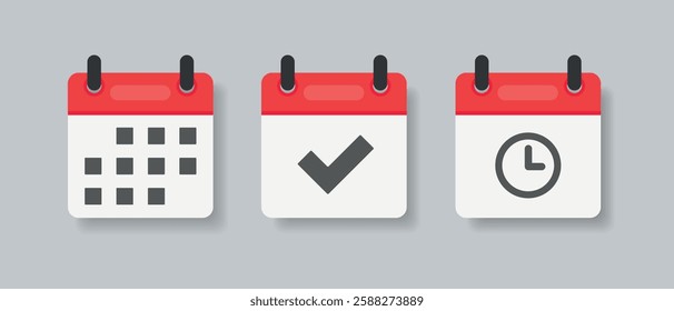 Set vector square icons page calendar, time, watch, deadline, date page icon and mark done, yes, success, check, approved, confirm. Reminder, schedule line simple sign