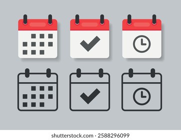 Set vector square icons page calendar, time, watch, deadline, date page icon and mark done, yes, success, check, approved, confirm. Reminder, schedule line simple sign