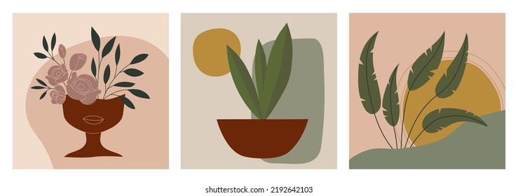 A set of vector square illustrations with plants, flowers and abstract shapes. Hand-painted drawing, design for printing postcards, posters, covers, wall decorations, stories on social networks.