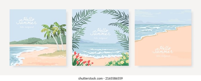 Set of vector square landscape background. Beautiful illustration of sandy summer beach. Summer holidays card, poster or banner design template