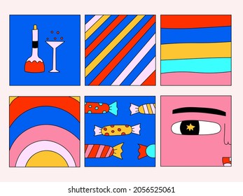 set of vector square postcards for Christmas 2022.Psychedelic retro 80s and 70s social media templates for New Year.Pop art vibrant posters. Celebrating a disco party.Print kawaii Covers