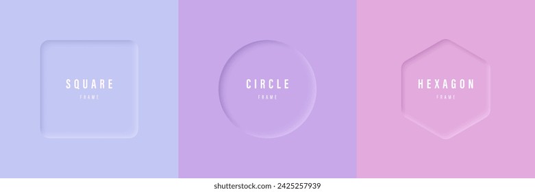 Set of vector square, round and hexagonal frames in lilac-pink shades. Shadow frames for text, creating various designs.