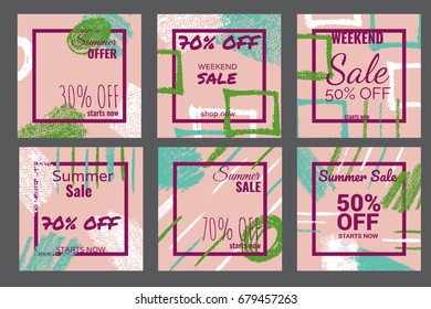 a set with vector square sale banners; an artistic collection of discount vouchers; an abstract modern background; great for summer clearance campaign; grungy illustration; textured background