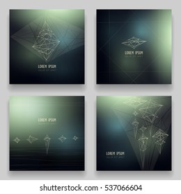 Set of vector square ultramodern templates. 3d geometric hand-drawn shapes and pyramid on blur space background. Image of crystal, constellation, diamond. Concept for logo, brochures, posters, flyers.