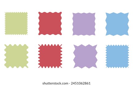 Set of vector squares, icons stickers, smooth and sharp edges, Colored on white. Simple vintage flat style labels, stickers. Design elements. Collection of different types of icons.