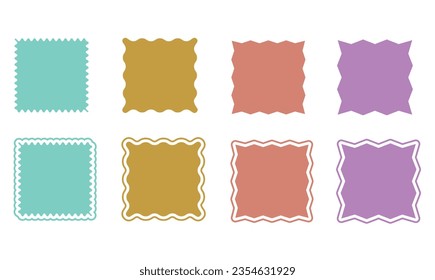 Set of vector squares, icons without outline and with outline, soft corners. Colored on white. Simple vintage flat style labels, stickers. Design elements. Collection of different types of icons.