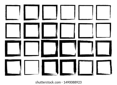 Set of vector squares with irregular stroke. Rough brush strokes. Different thickness of drawn lines. Isolated figure. Grunge style.