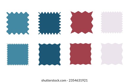 Satz von Vektorquadraten, Aufkleber-Symbole, scharfe Kanten, scharfe Ecken. Bunt auf Weiß. Einfache Etiketten im Vintage-Stil, Aufkleber. Designelemente. Sammlung verschiedener Arten von Symbolen.